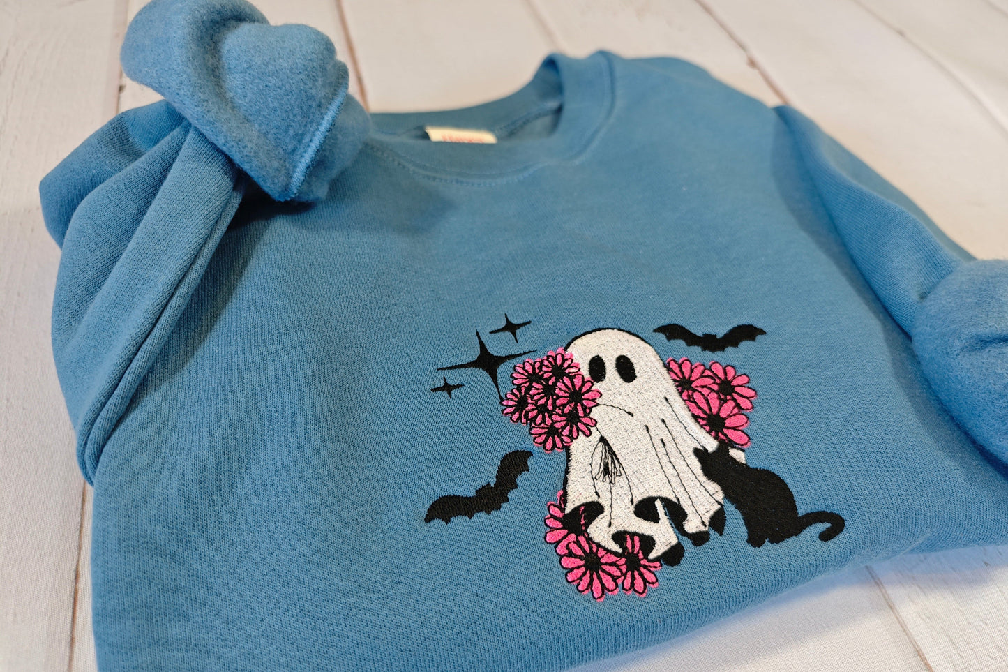 Ghost Holding Flowers Embroidered Crewneck | Greedy Cat Embroidery Studio