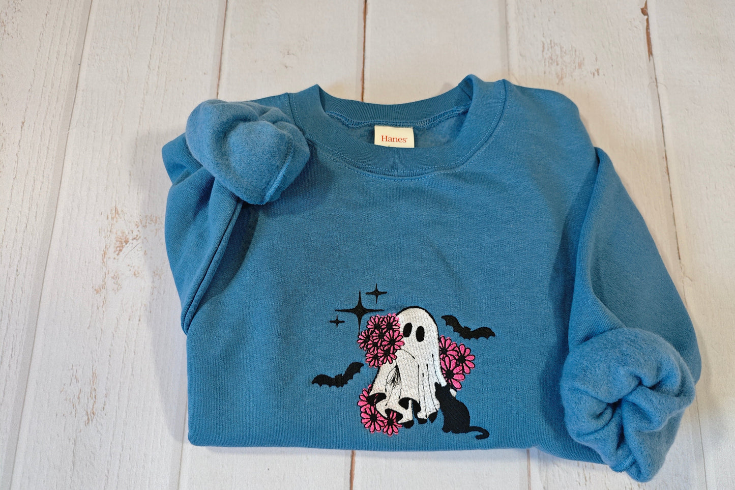 Ghost Holding Flowers Embroidered Crewneck | Greedy Cat Embroidery Studio