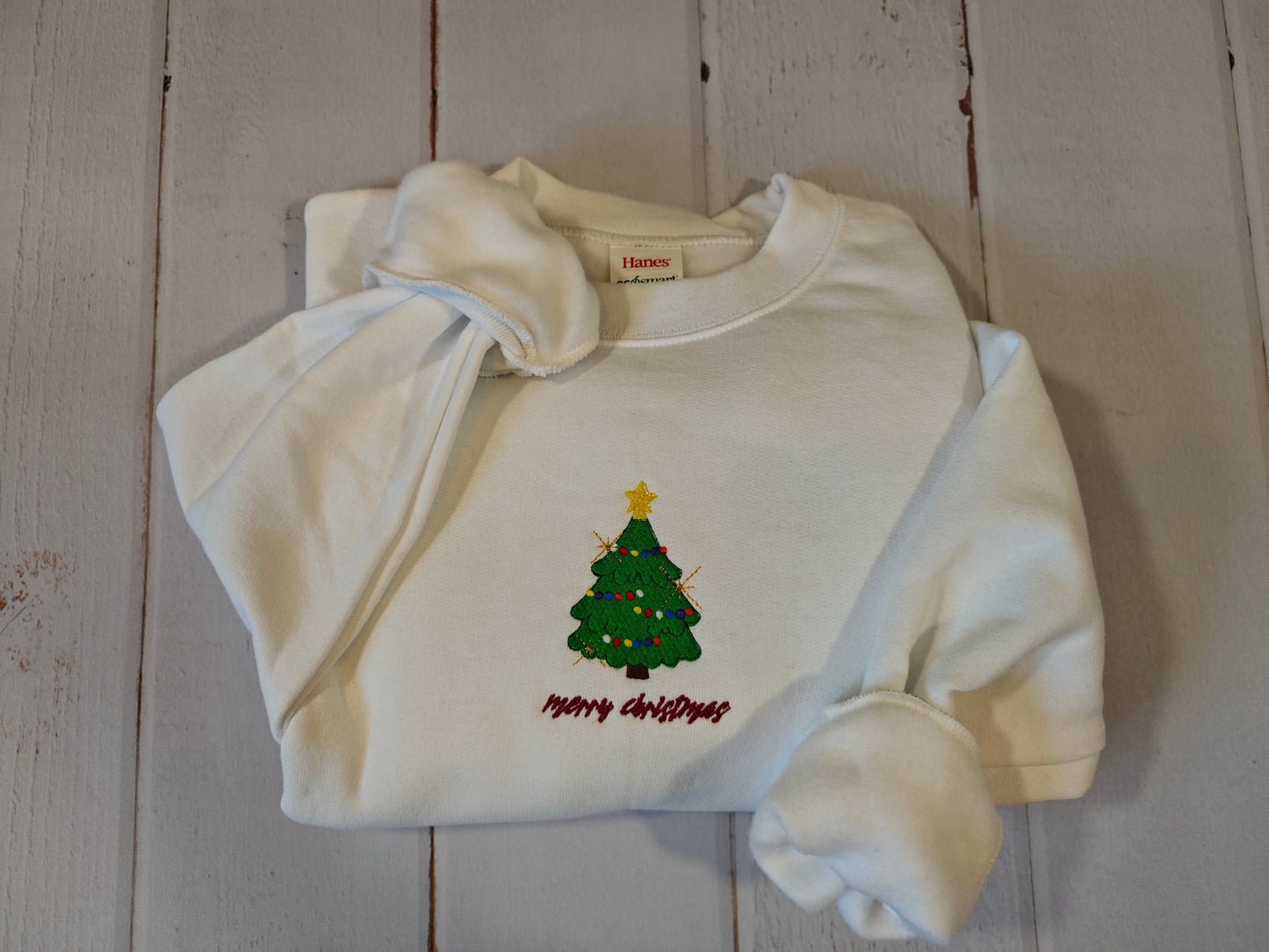 Merry Christmas Crewneck w/ Christmas Tree | Greedy Cat Embroidery